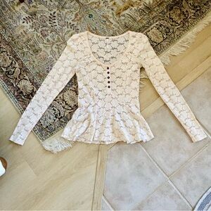 Free People Eyelet Lace Peplum Henley Top in Blush